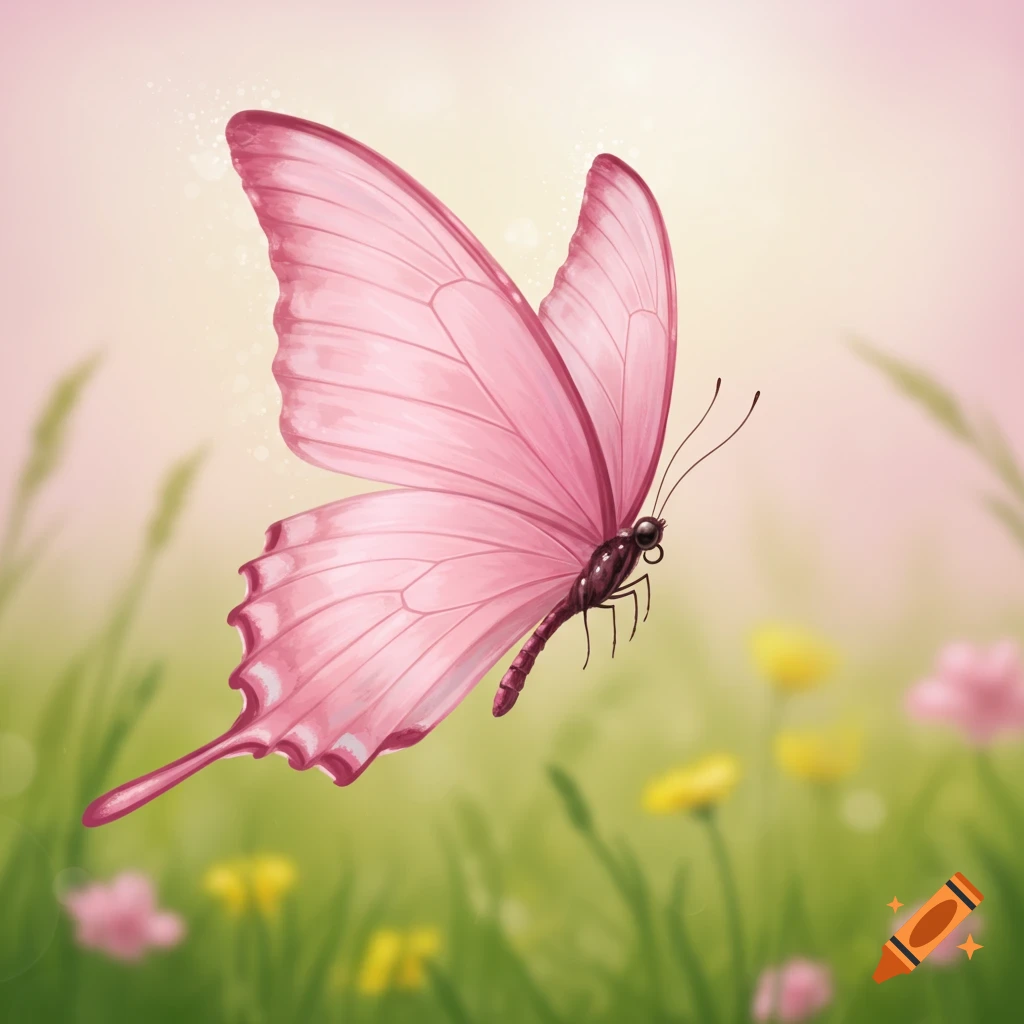 An illustration of a pink butterfly flying in a grassy field.