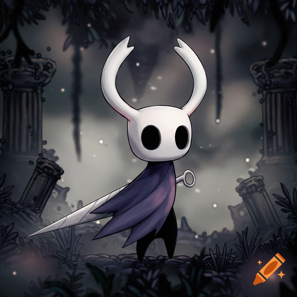 The Knight character from Hollow Knight standing in a dark forest with ruins.