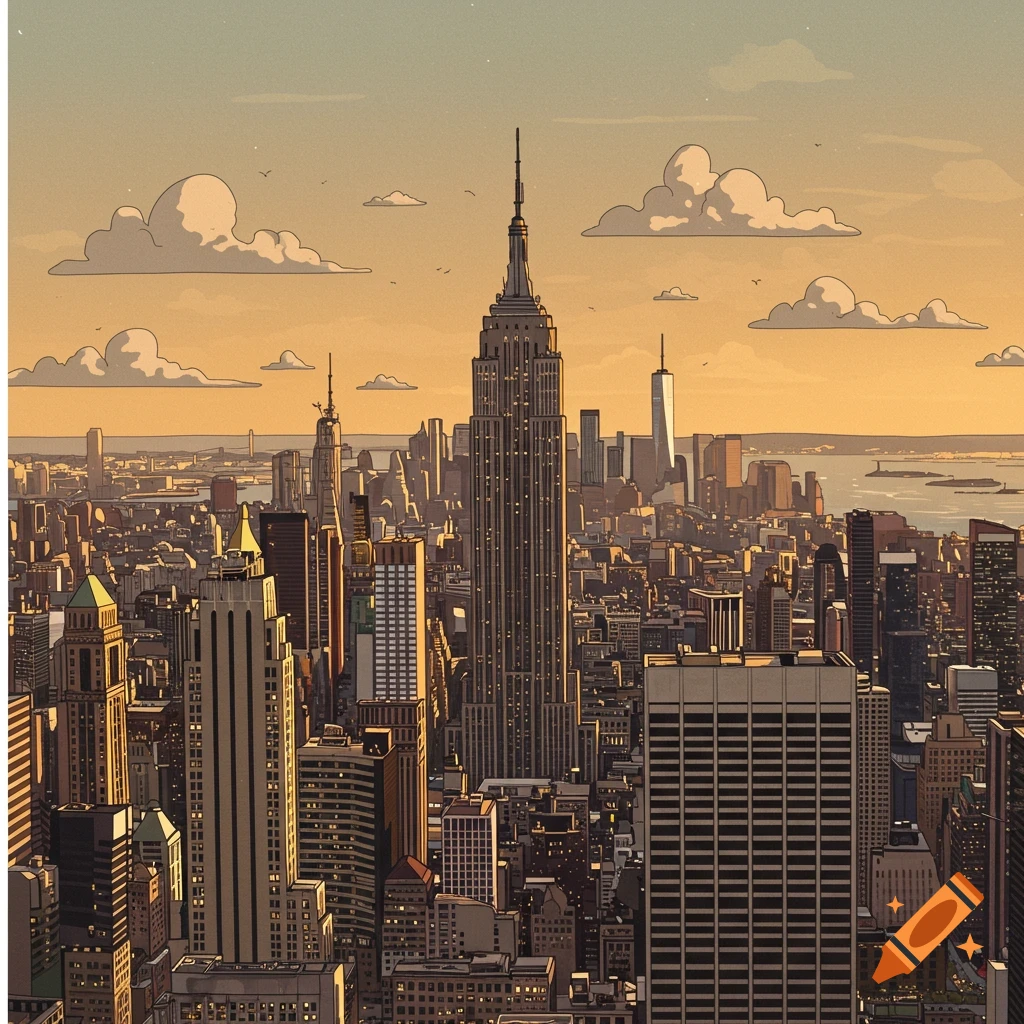 Illustrated view of the New York City skyline with the Empire State Building and One World Trade Center.
