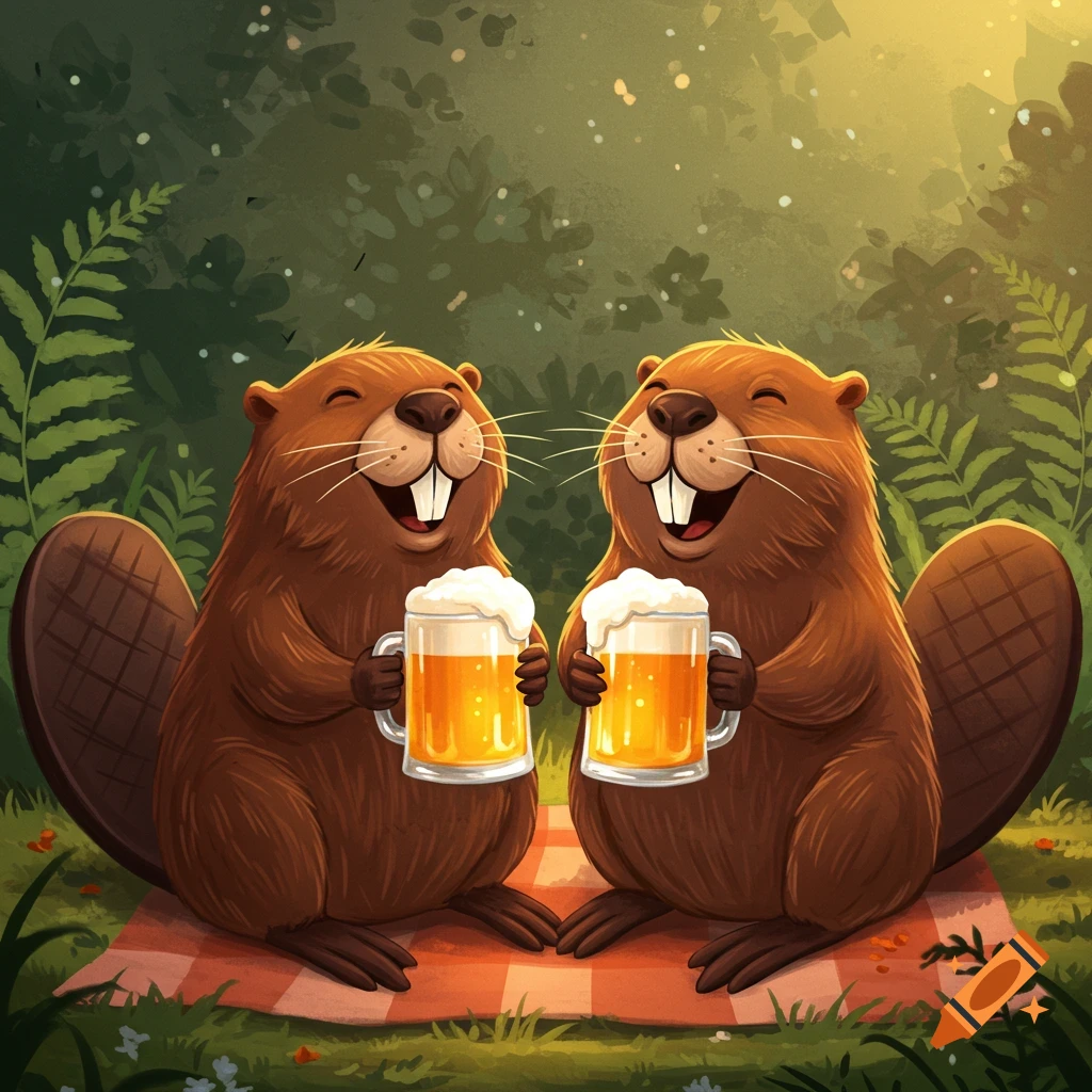 Two cartoon beavers sitting on a picnic blanket, smiling and holding mugs of beer.