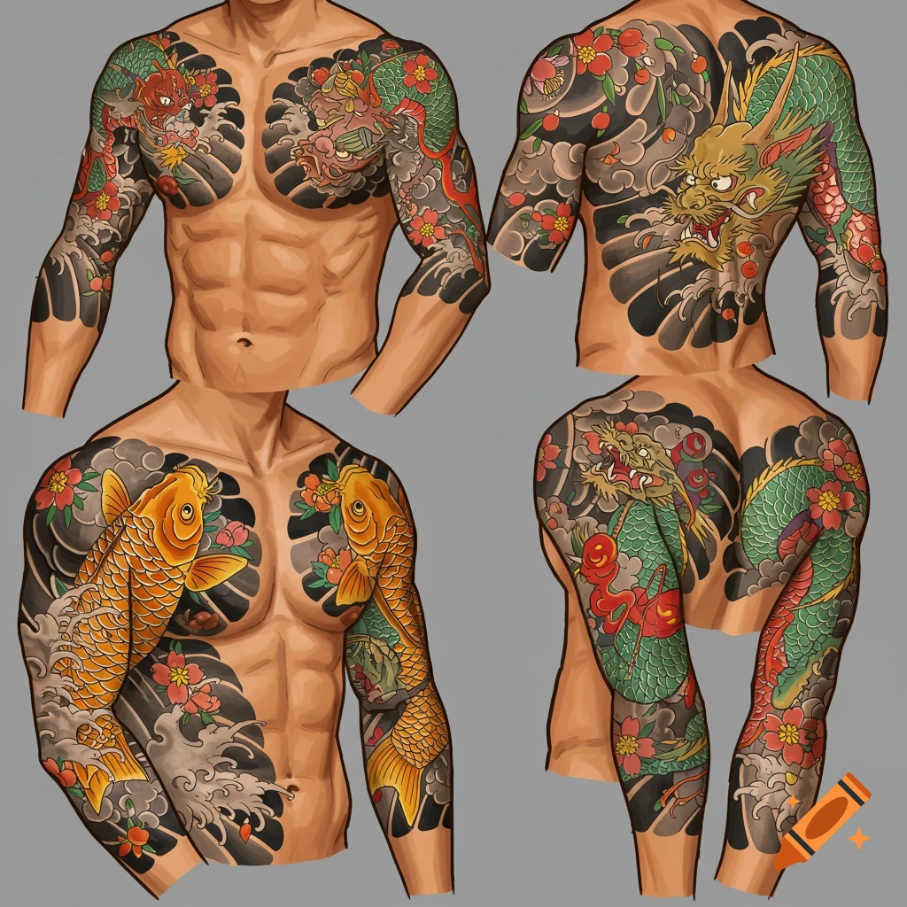 Multiple views of male torso and arms with traditional Japanese dragon, koi, and floral tattoos.