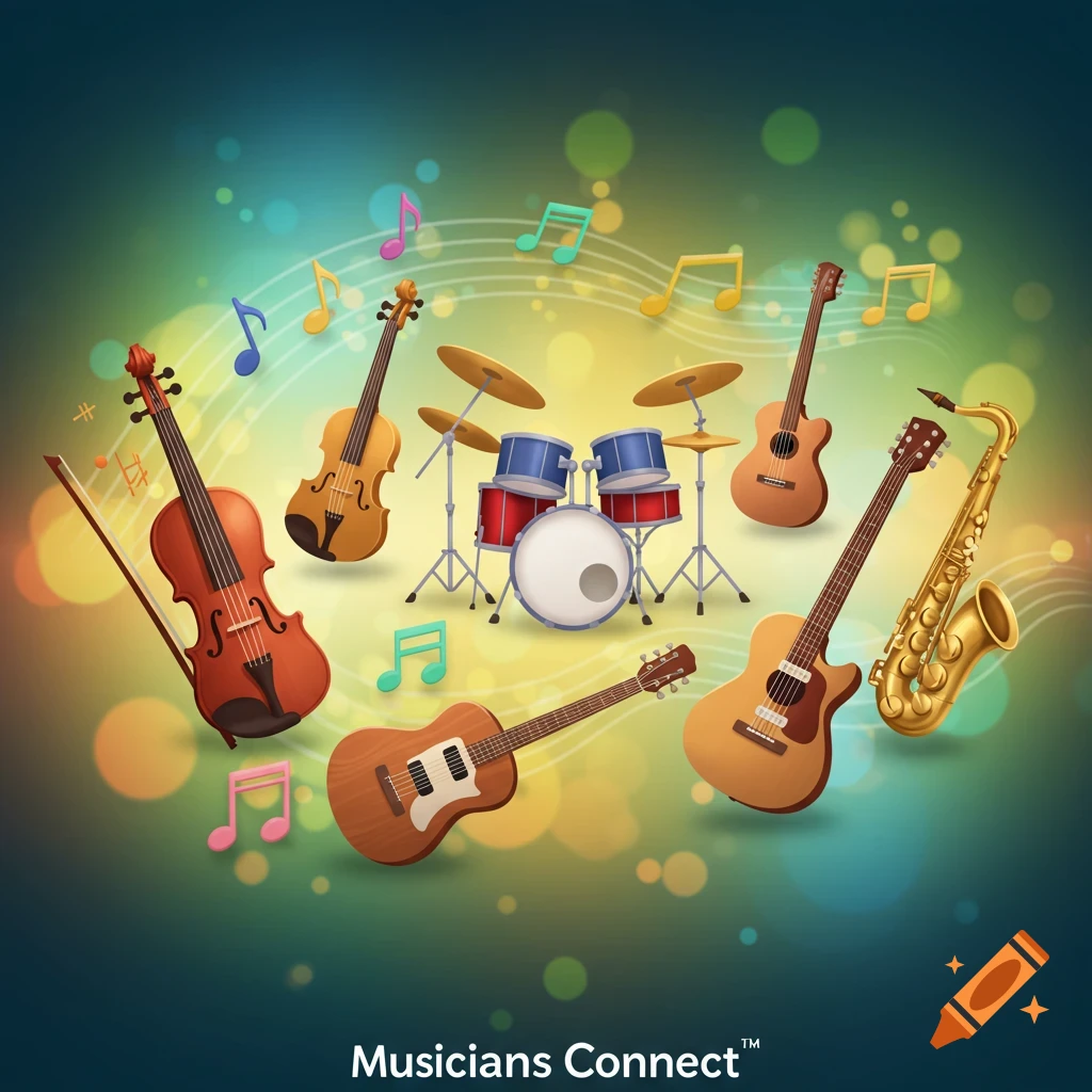 Musical instruments including violins, guitars, drums, and saxophone float with musical notes on a colorful background. Text reads 'Musicians Connect™'.