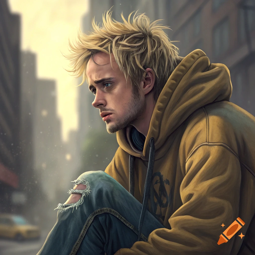 Digital art portrait of a young man with blond hair, yellow hoodie, and ripped jeans sitting in an urban setting.