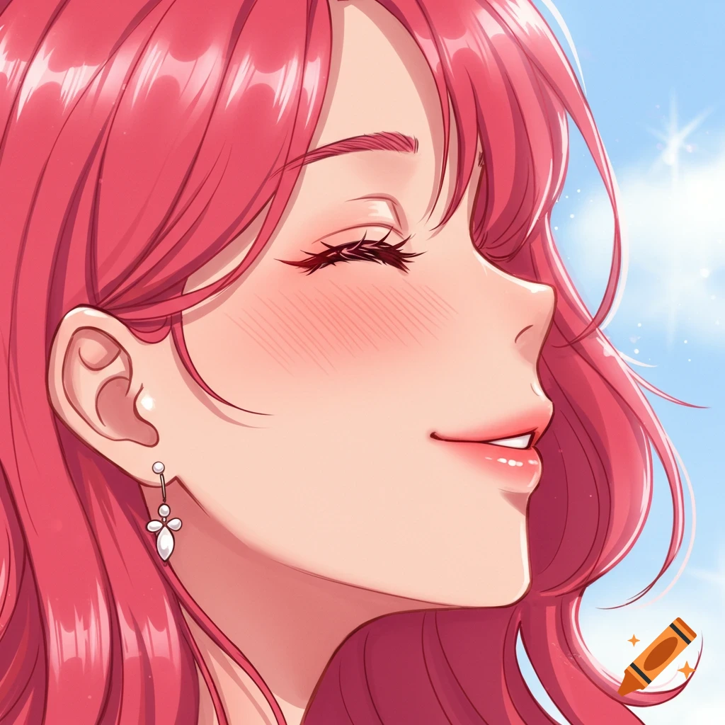 Anime portrait of a woman with pink hair smiling with closed eyes against a bright sky.