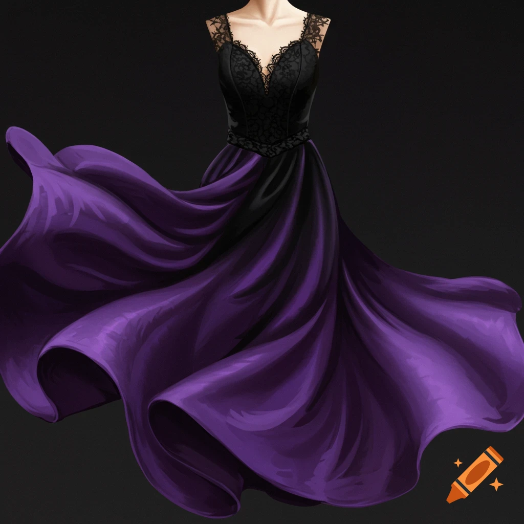 A flowing black and purple formal dress with lace details.