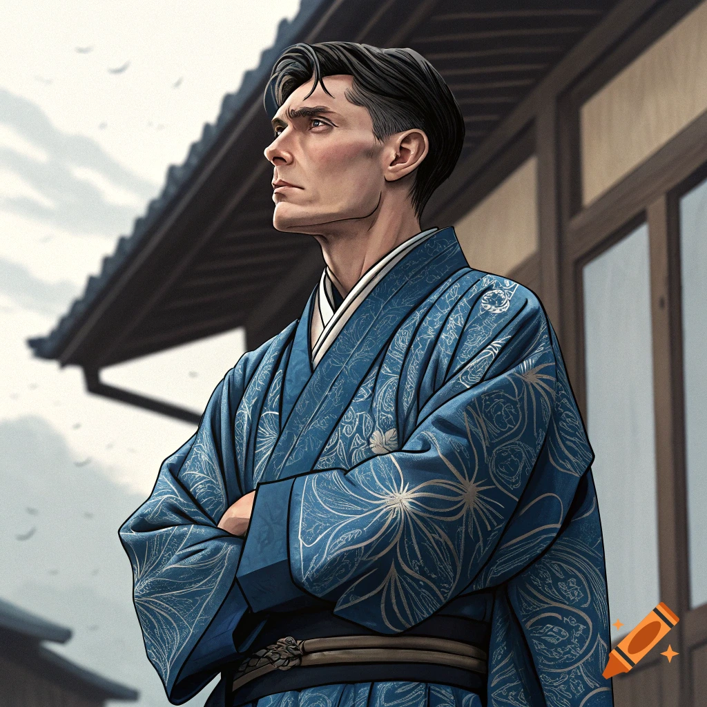 Illustrative portrait of a man in a blue patterned kimono standing outdoors