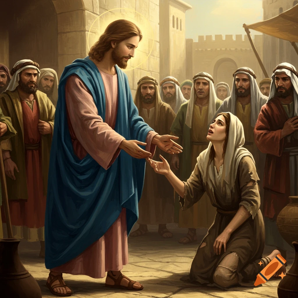 Jesus reaches out to a kneeling woman surrounded by followers in a detailed painting of a biblical scene.