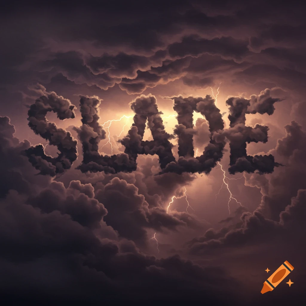 The word SLADE formed by dramatic storm clouds with lightning in a dark sky.