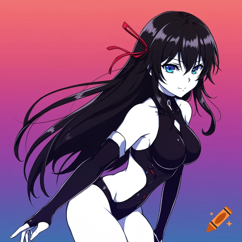 Anime girl in a black swimsuit against a gradient background.