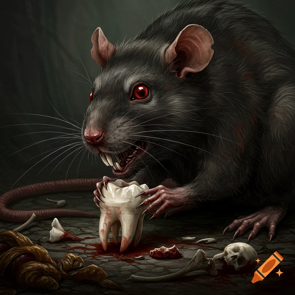 Creepy rat with red eyes holds a large human tooth, surrounded by bones and blood.