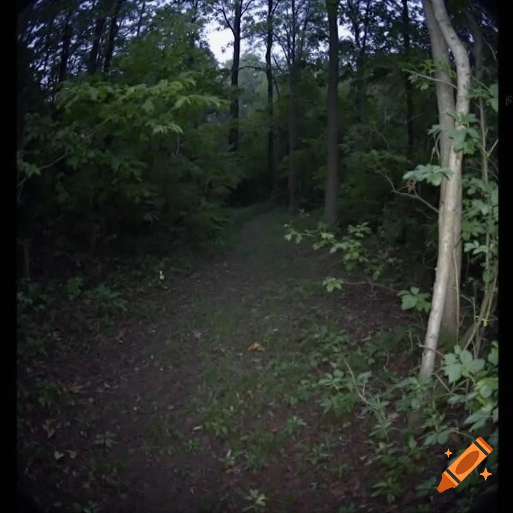 A trail camera image of a path leading into a dark forest.