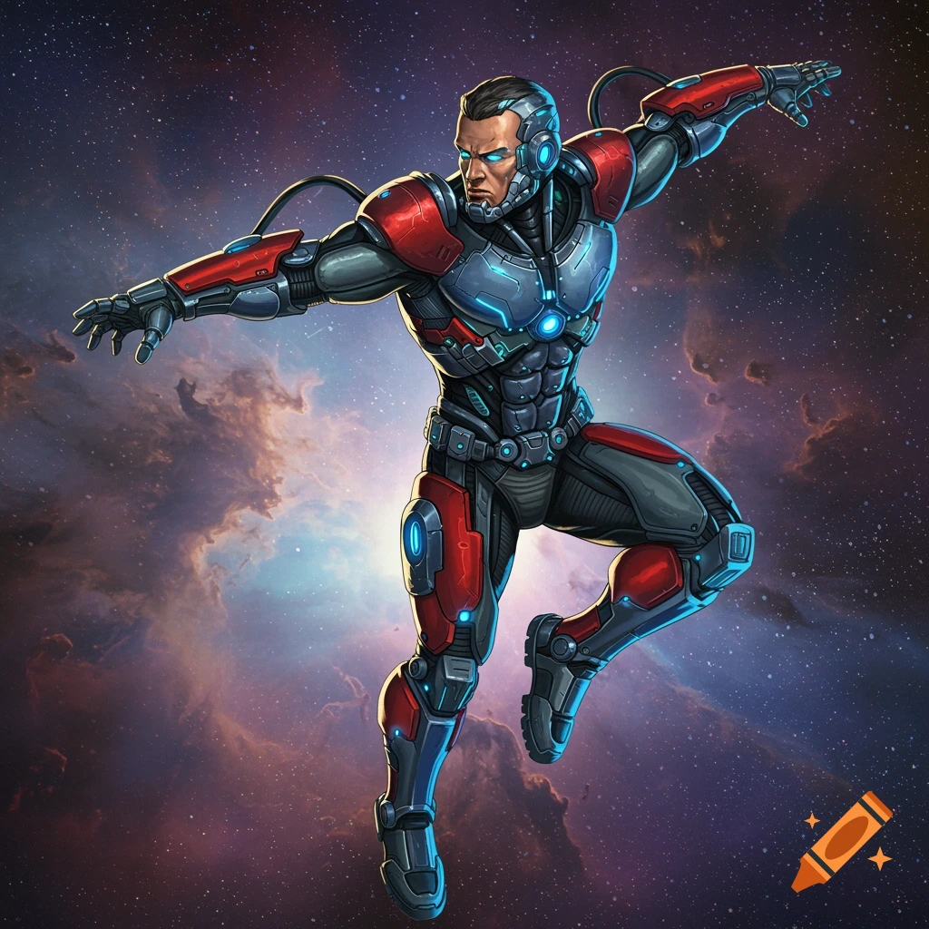 Man in red and grey sci-fi suit poses in space against a nebula.