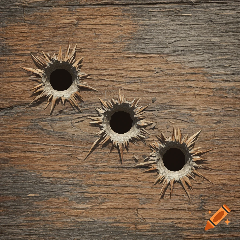 Three bullet holes with splintered edges in worn wood
