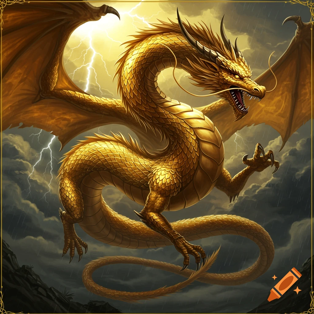 A golden dragon flies through a stormy sky with lightning.