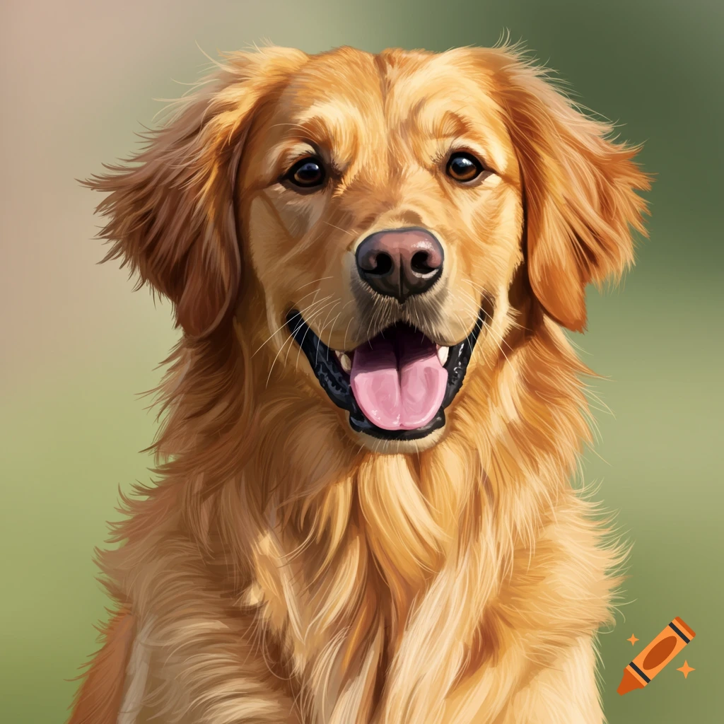 Close-up portrait of a happy golden retriever dog with its mouth open and tongue out, looking forward.