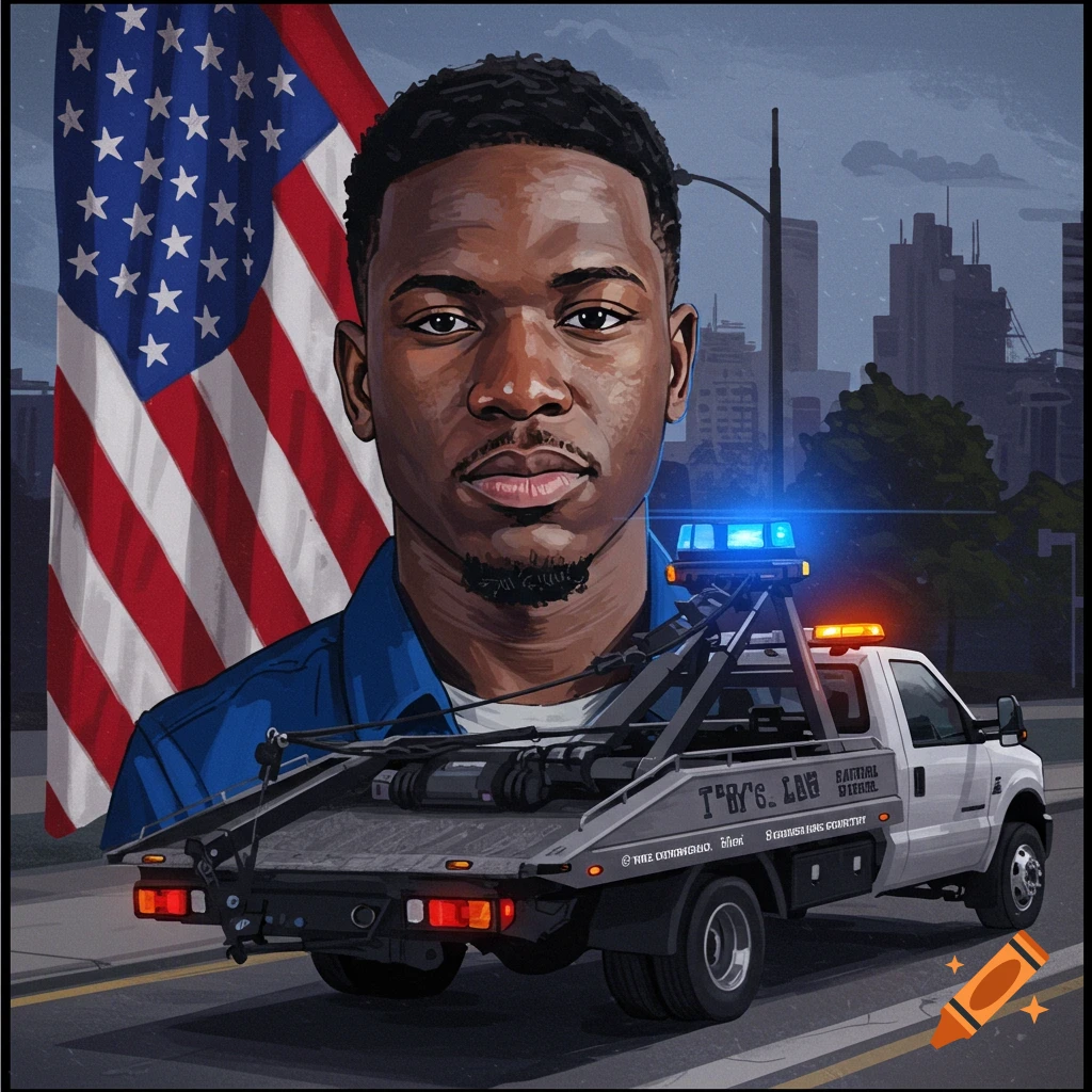 Illustration of a man, American flag, and a tow truck with a city background.
