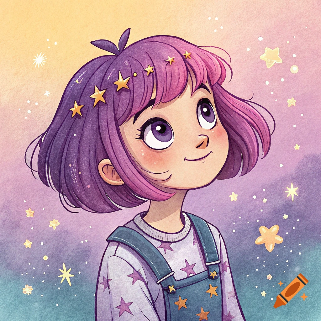 Cute cartoon girl with purple hair looking up at stars, illustration
