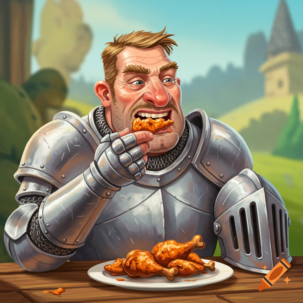 A knight in armor happily eats chicken legs at a table in a cartoon style.