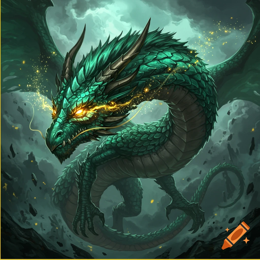 A vibrant green dragon with glowing yellow eyes in a dark fantasy scene.