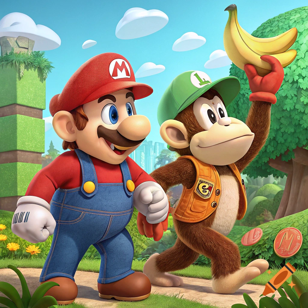 Cartoon style image of Mario and Diddy Kong walking outdoors, Diddy holding bananas.