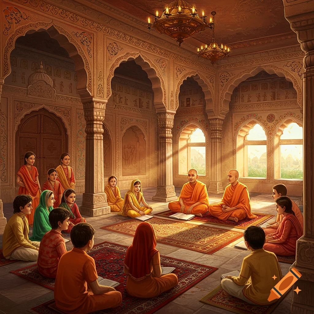 People in traditional Indian clothing, including monks, sit on rugs in an ornate room with arches, reading or listening.