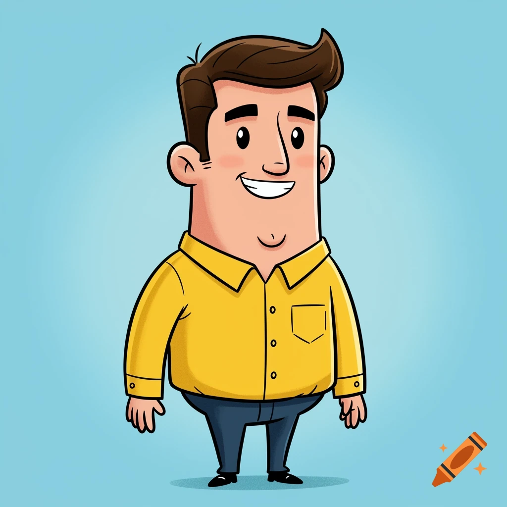 Cartoon man in yellow shirt smiling