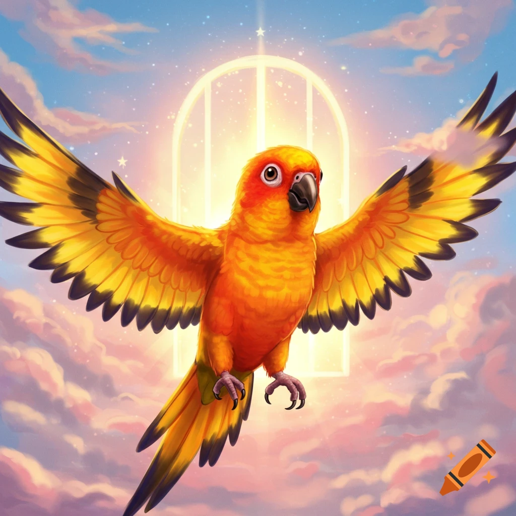 A colourful sun conure flies towards a bright arched gate in a cloudy sky.