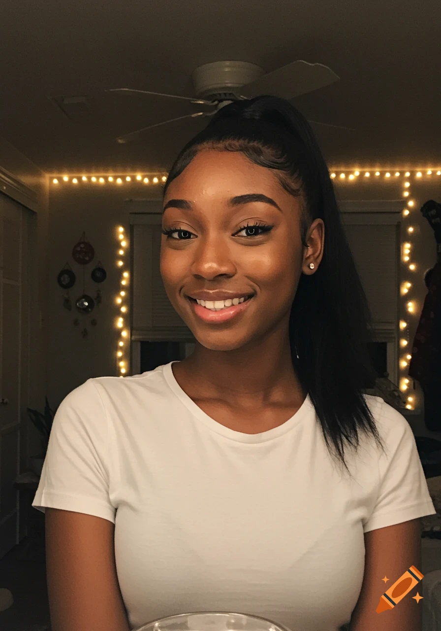 Portrait of a young African American woman smiling, with a ponytail, against a dark background lit by string lights.
