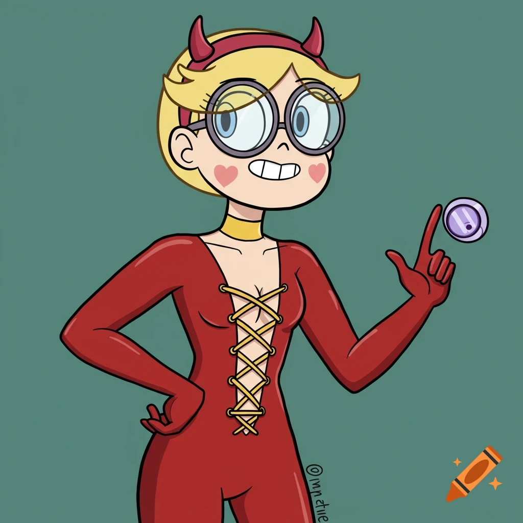 Cartoon girl in red devil costume with horns and glasses holding purple object and pointing.
