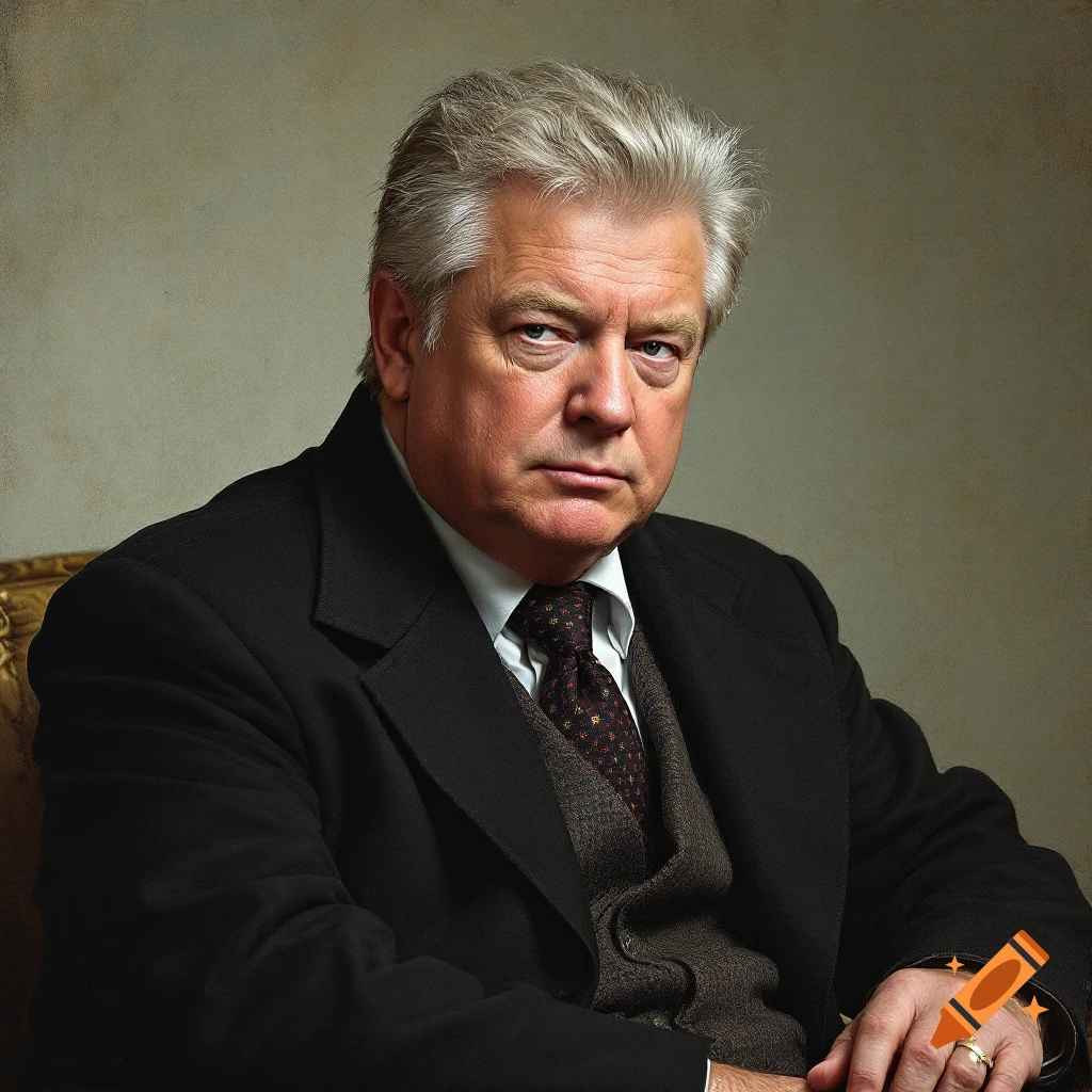 Photorealistic portrait of a man in a dark suit and tie, seated.