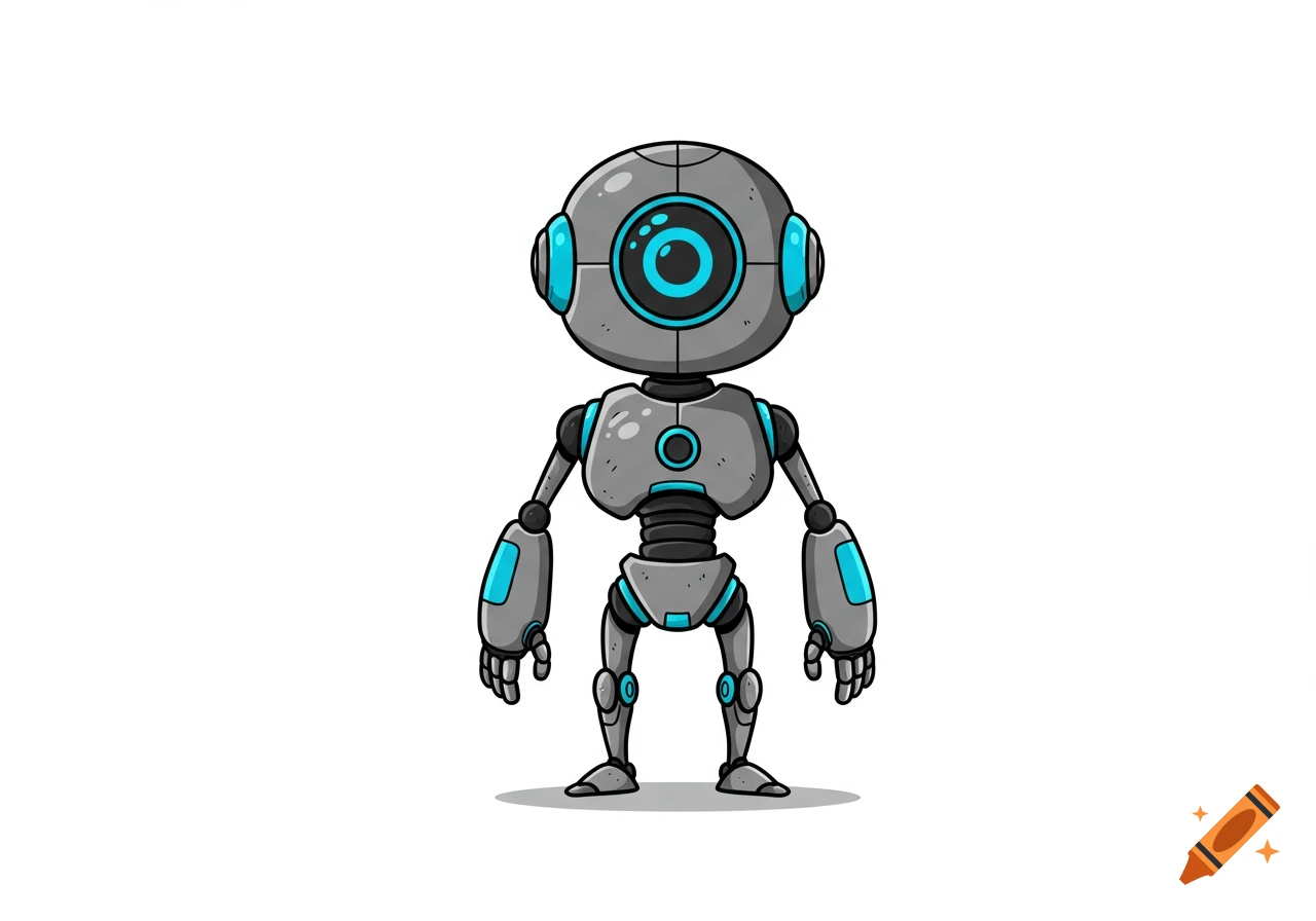 A cartoon illustration of a standing grey robot with blue highlights.
