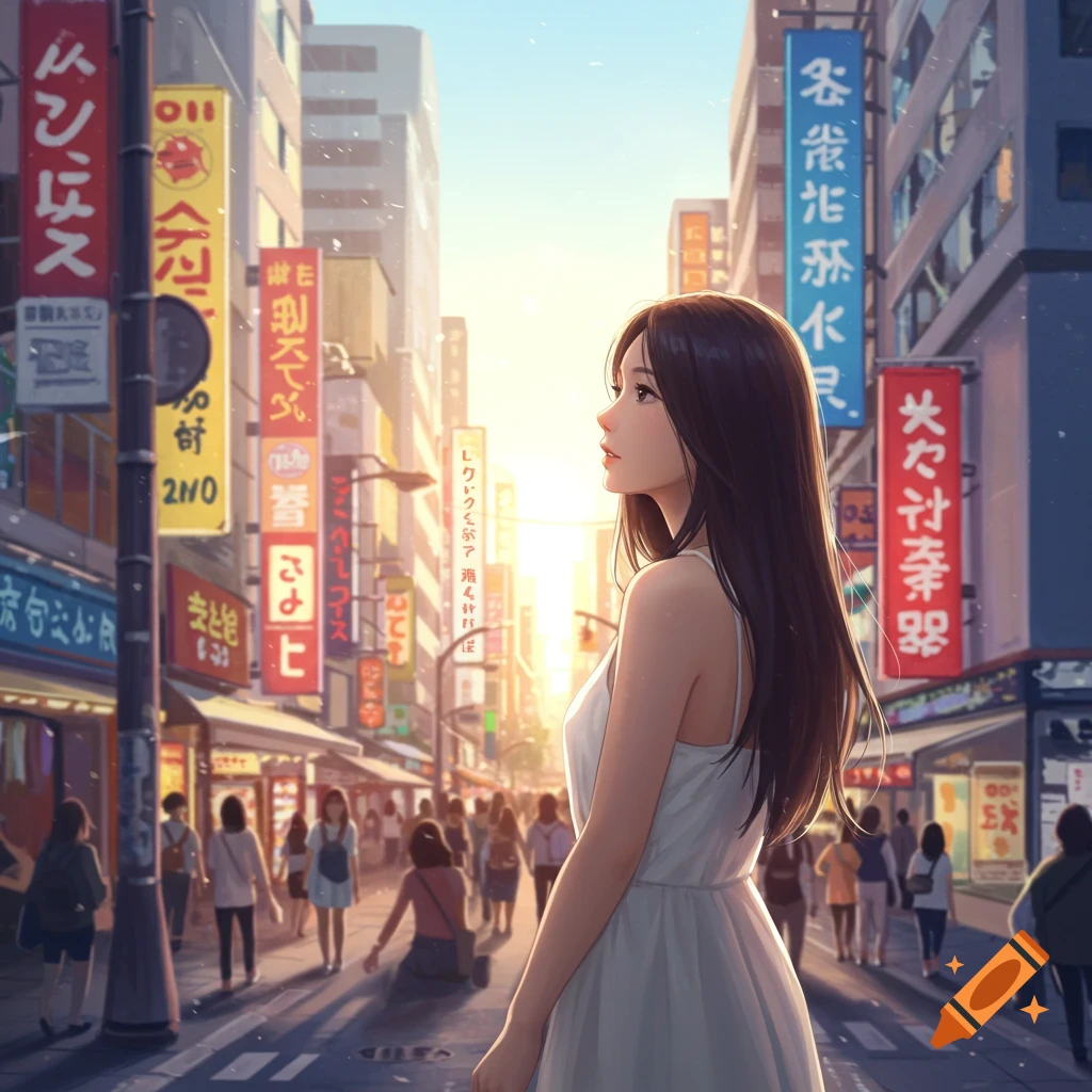 Anime illustration of a woman walking down a busy city street with signs.