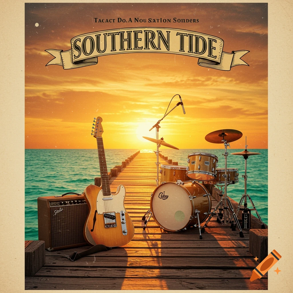 Musical instruments on a pier at sunset with a banner reading 'Southern Tide'. Poster art.