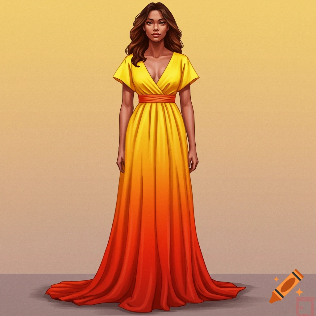 An illustration of a woman wearing a long yellow and orange gradient dress.
