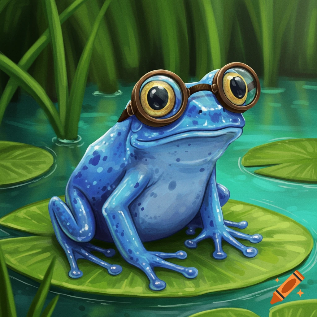 Illustration of a blue frog wearing goggles sitting on a lily pad in a pond.