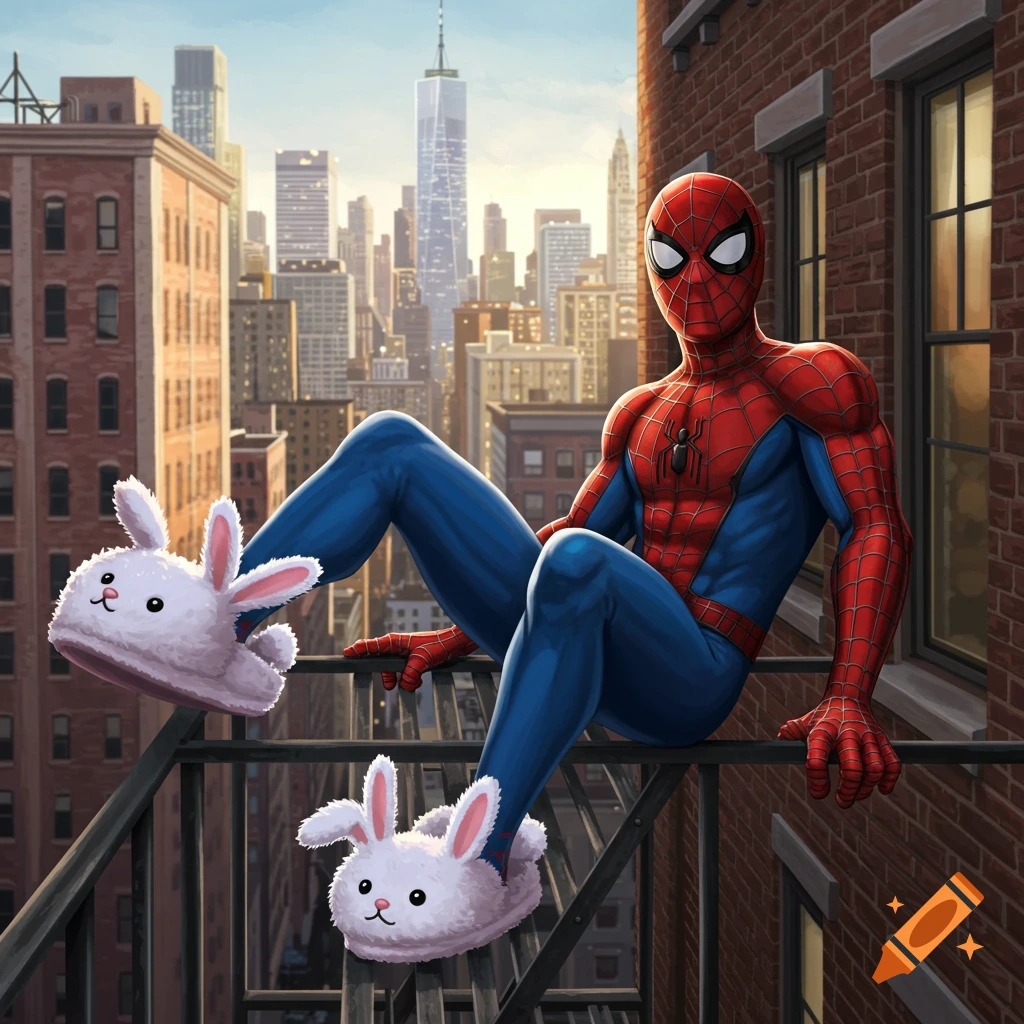 Spider-Man sits on a building ledge overlooking a city, wearing white bunny slippers. Realistic illustration style.