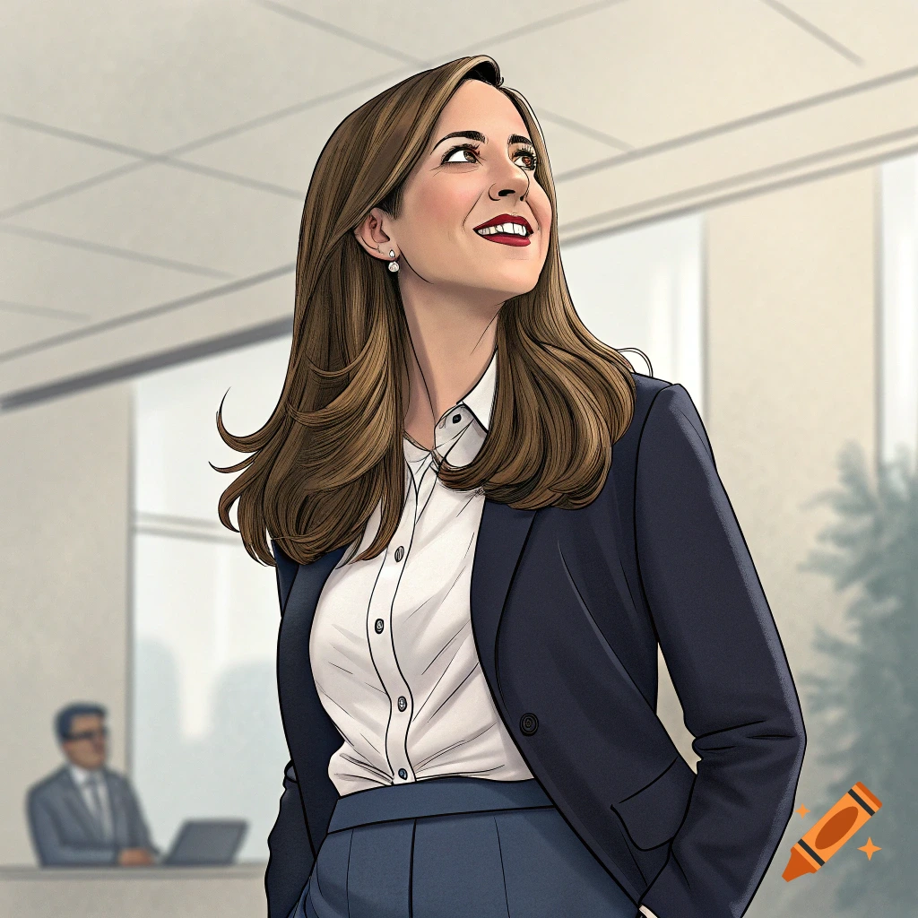 Drawing of a woman in a suit in an office, looking up and smiling.