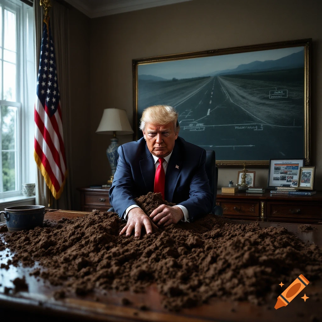 Donald Trump sits at a desk covered in mud, digging in, in an office with a US flag and a road drawing.