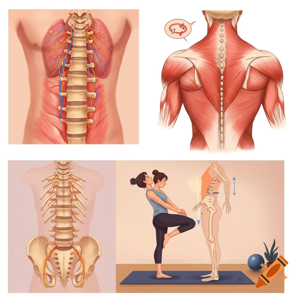 Four panel illustration: anatomy of spine, muscles, kidneys, pelvis; yoga pose with skeletal overlay showing posture.