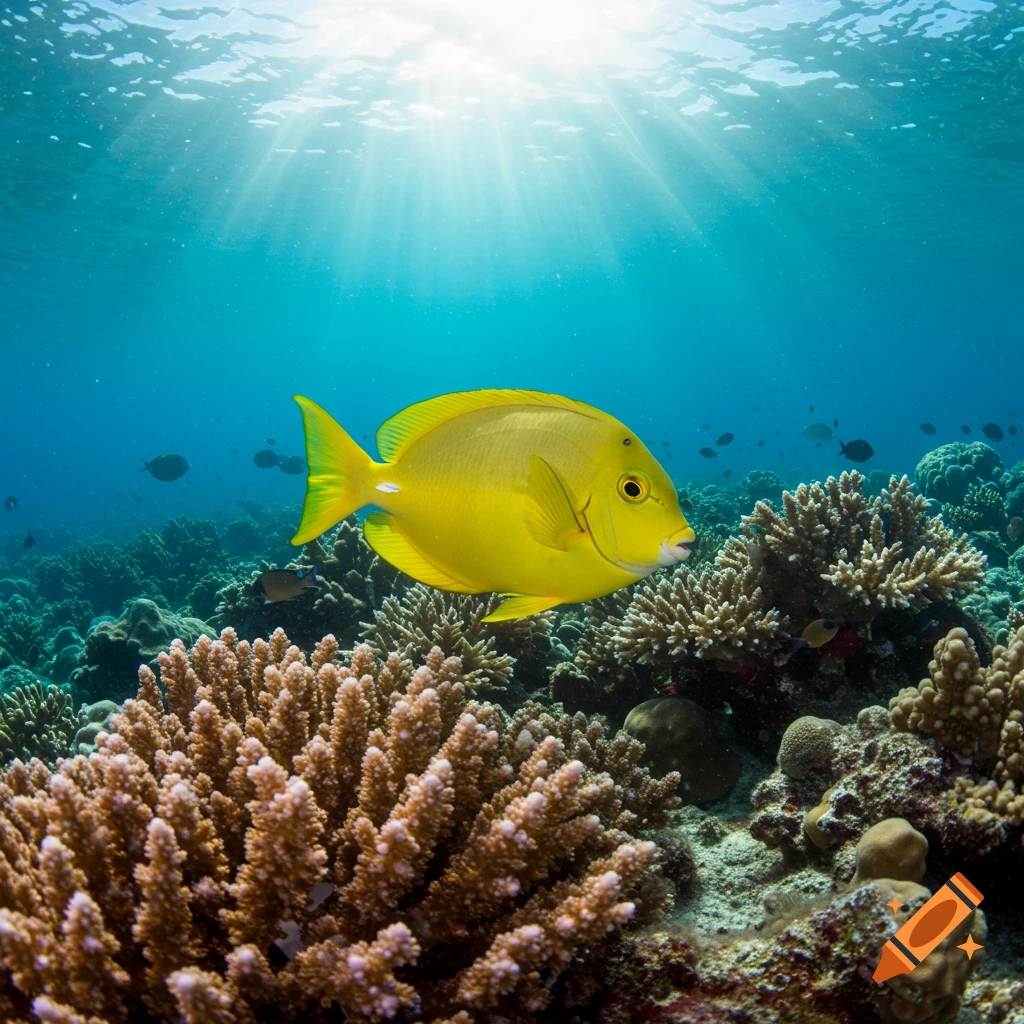 A yellow fish swims above a coral reef with sunlight streaming from the ocean surface.