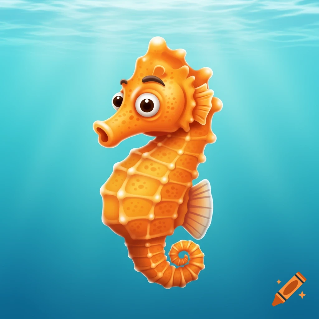 A cartoon orange seahorse floats underwater.