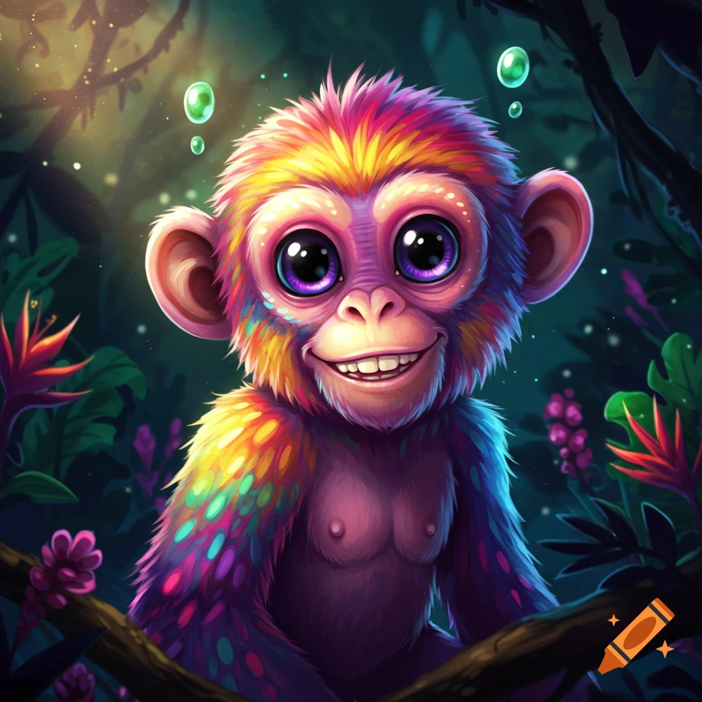 A vibrantly colored cartoon monkey with large purple eyes smiles in a jungle setting.