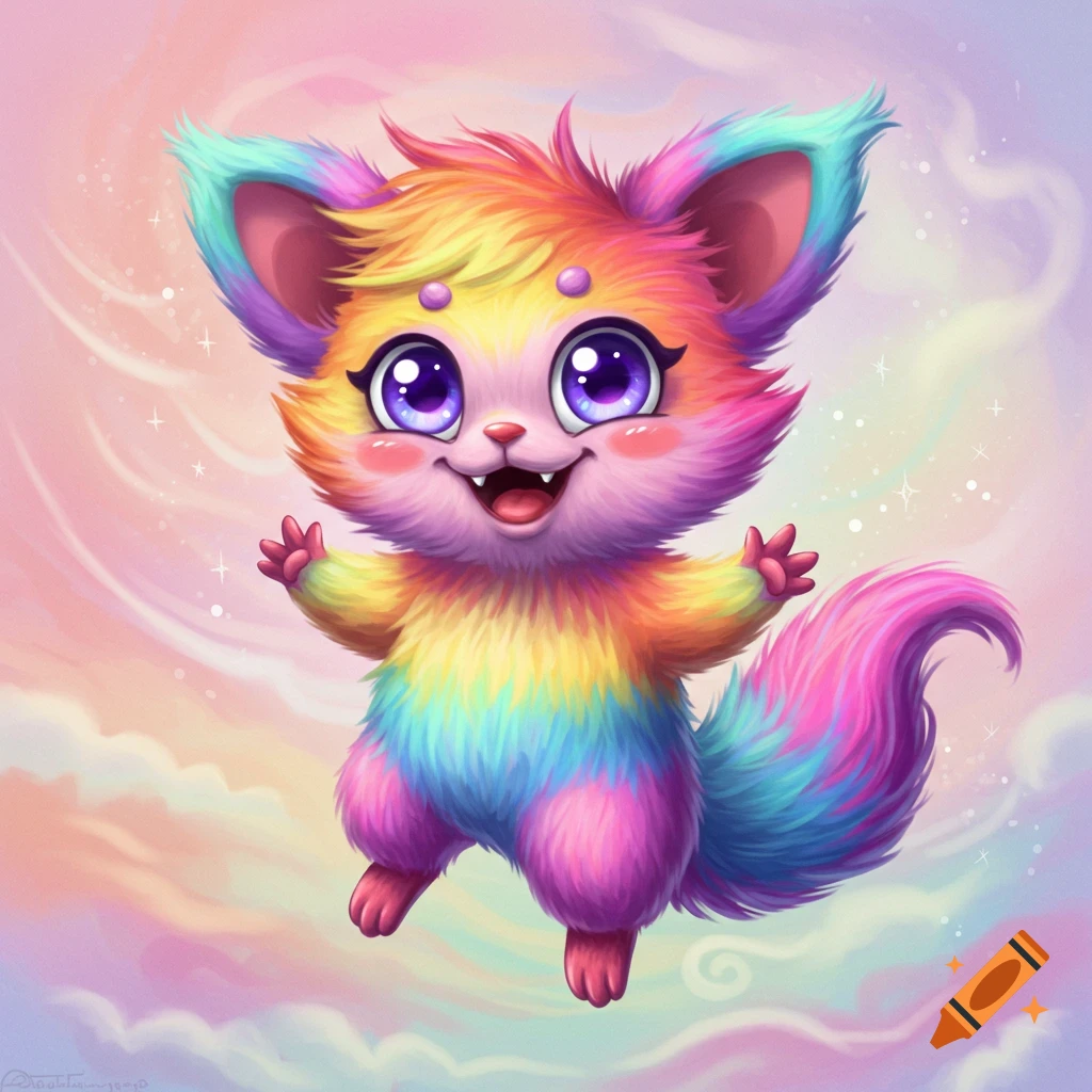 A cute, fluffy rainbow creature with big eyes floats in pastel clouds.