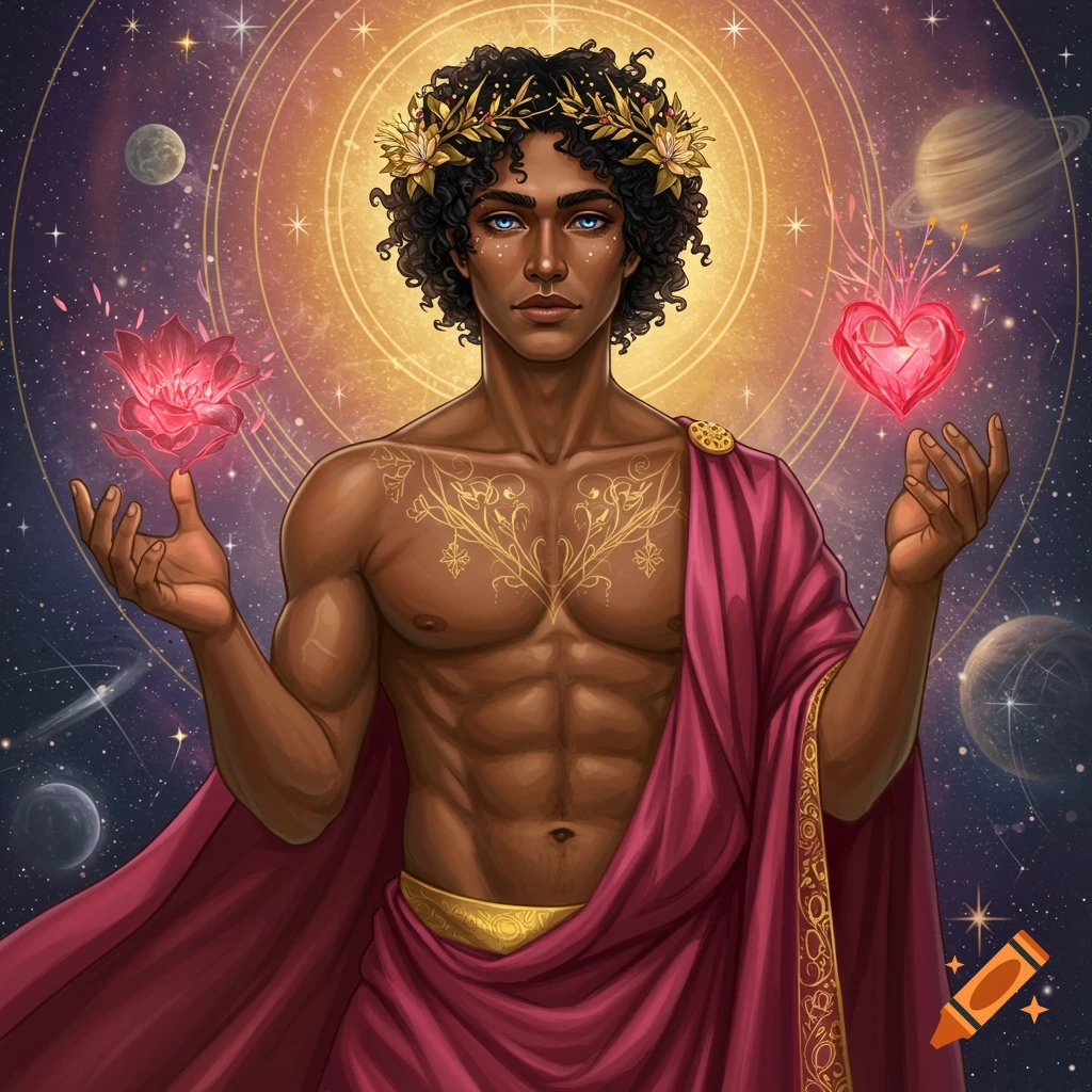 A dark-skinned man with a golden crown holds a glowing lotus and heart in a cosmic setting.