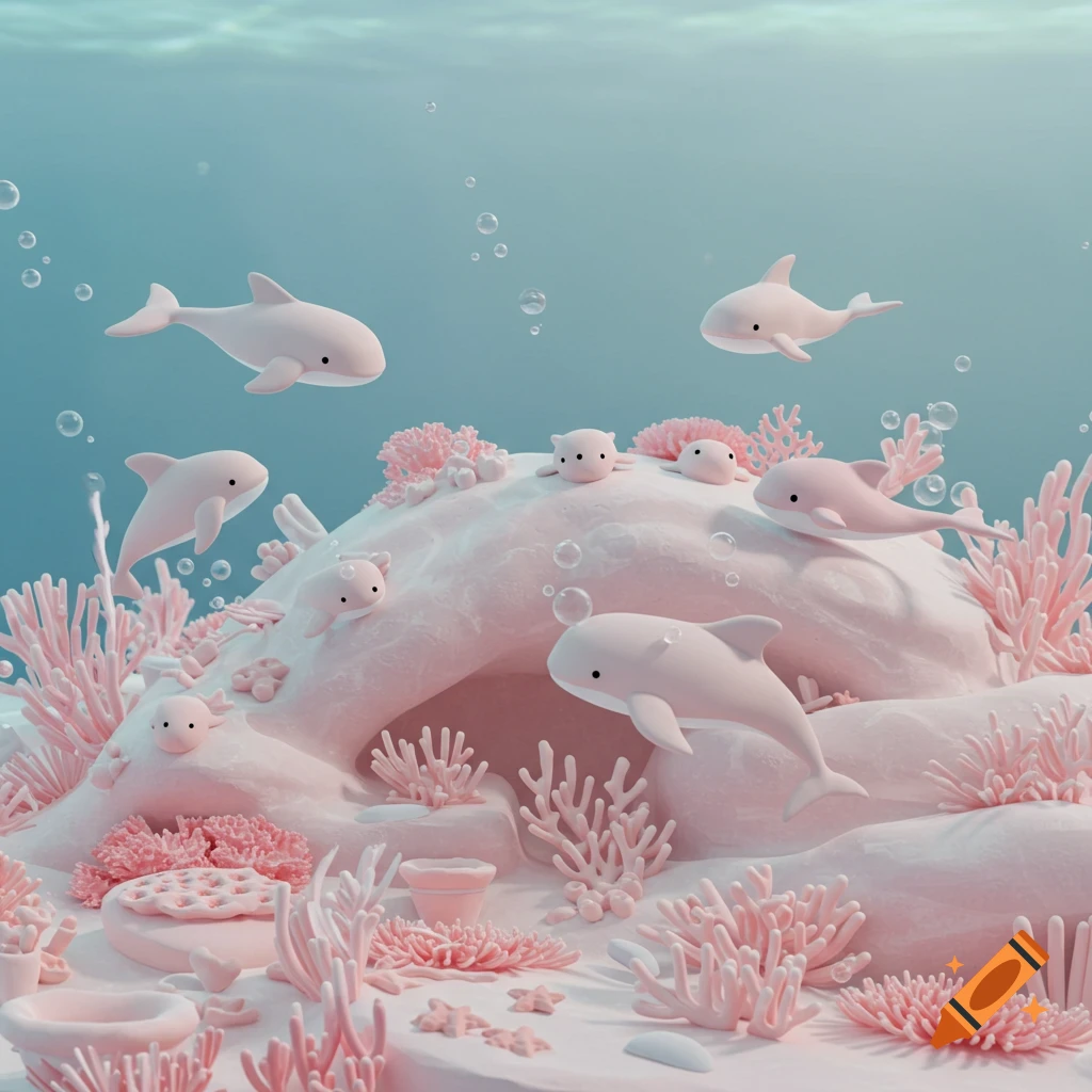 Stylized underwater scene with pink and white dolphins, coral, and sea creatures.