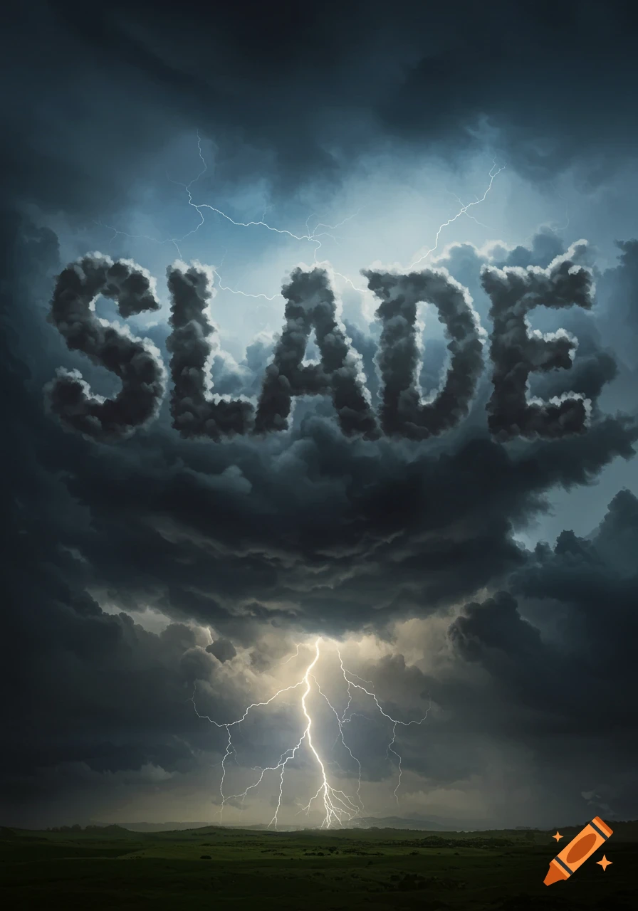 The word SLADE formed by dark storm clouds in a stormy sky with lightning.