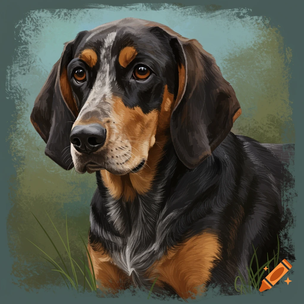 A painterly portrait of a coonhound dog.