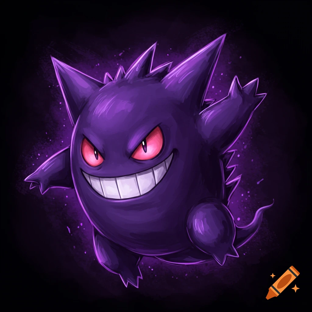 Stylized illustration of a grinning purple Gengar with red eyes floating on a black background.