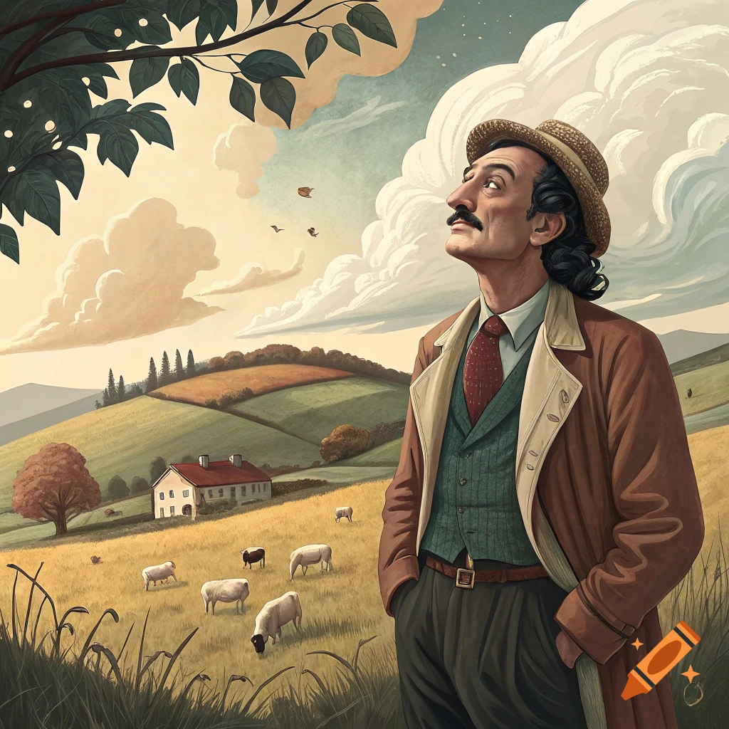 Illustrative portrait of a man resembling Salvador Dali standing in a field with sheep and a farmhouse, looking up.
