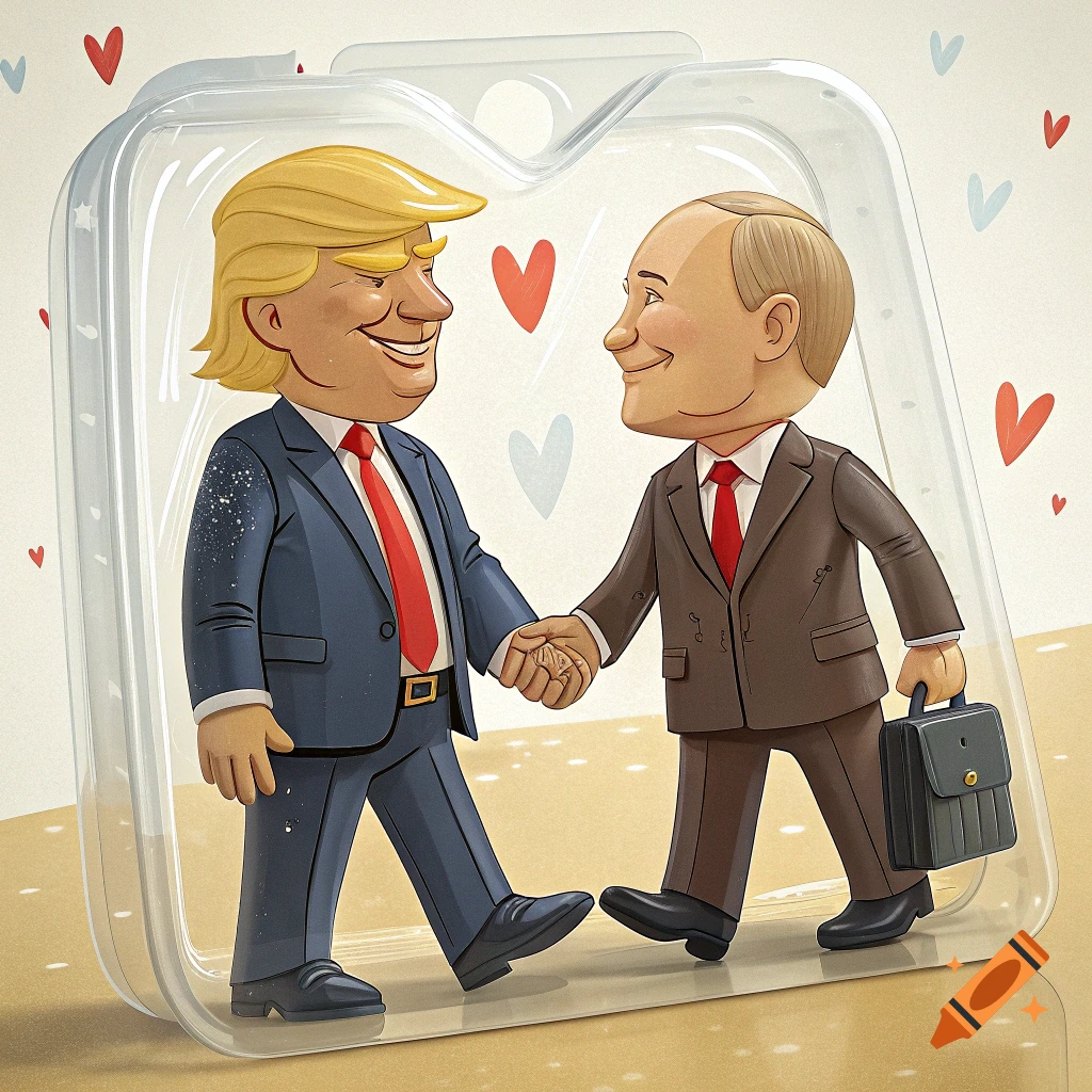 Cartoon action figures of Trump and Putin holding hands in a toy package with hearts